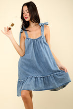 Load image into Gallery viewer, VERY J Shoulder Tie Washed Denim Mini Dress