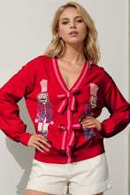 Load image into Gallery viewer, Double Take Full Size Nutcracker Sequin Bow Decor Cardigan