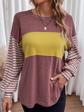Load image into Gallery viewer, Round Neck Striped Long Sleeve Slit T-Shirt