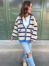 Load image into Gallery viewer, PREORDER: Contrast Trim Cardigan in Navy Stripe
