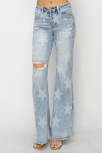 Load image into Gallery viewer, RISEN Mid Rise Button Fly Start Print Flare Jeans