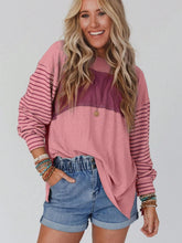Load image into Gallery viewer, Round Neck Striped Long Sleeve Slit T-Shirt
