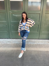 Load image into Gallery viewer, PREORDER: Contrast Trim Cardigan in Navy Stripe