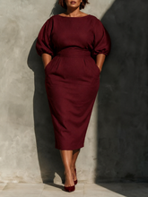 Load image into Gallery viewer, Full Size Round Neck Puff Sleeve Midi Dress Plus Size
