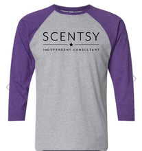 Load image into Gallery viewer, Scentsy baseball tee dark gray and purple