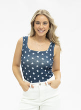 Load image into Gallery viewer, Bella Square Neck Rib Knit Tank Top, Navy Stars