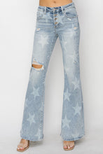 Load image into Gallery viewer, RISEN Mid Rise Button Fly Start Print Flare Jeans