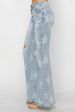 Load image into Gallery viewer, RISEN Mid Rise Button Fly Start Print Flare Jeans
