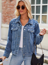 Load image into Gallery viewer, Pearl Detail Collared Neck Long Sleeve Denim Jacket