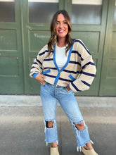 Load image into Gallery viewer, PREORDER: Contrast Trim Cardigan in Navy Stripe