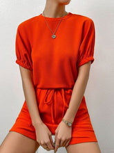 Load image into Gallery viewer, Waffle-Knit Round Neck T-Shirt and Pocketed Shorts Lounge Set