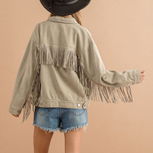 Load image into Gallery viewer, Fringe Detail Dropped Shoulder Denim Jacket