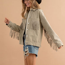 Load image into Gallery viewer, Fringe Detail Dropped Shoulder Denim Jacket