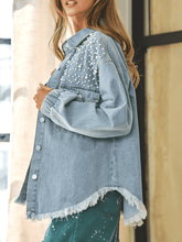 Load image into Gallery viewer, Collared Neck Raw Hem Dropped Shoulder Denim Jacket