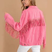 Load image into Gallery viewer, Fringe Detail Dropped Shoulder Denim Jacket