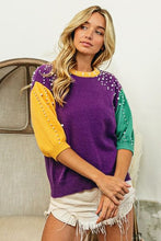 Load image into Gallery viewer, BiBi Color Block Pearl Detail Round Neck Sweater