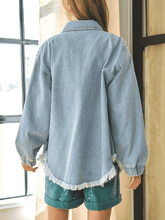 Load image into Gallery viewer, Collared Neck Raw Hem Dropped Shoulder Denim Jacket