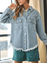 Load image into Gallery viewer, Collared Neck Raw Hem Dropped Shoulder Denim Jacket