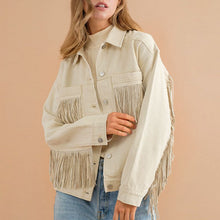Load image into Gallery viewer, Fringe Detail Dropped Shoulder Denim Jacket