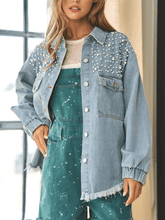 Load image into Gallery viewer, Collared Neck Raw Hem Dropped Shoulder Denim Jacket