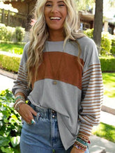 Load image into Gallery viewer, Round Neck Striped Long Sleeve Slit T-Shirt