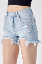 Load image into Gallery viewer, RISEN Frayed Hem Denim Shorts with Fringe Detail Pockets