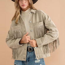 Load image into Gallery viewer, Fringe Detail Dropped Shoulder Denim Jacket