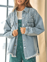Load image into Gallery viewer, Collared Neck Raw Hem Dropped Shoulder Denim Jacket