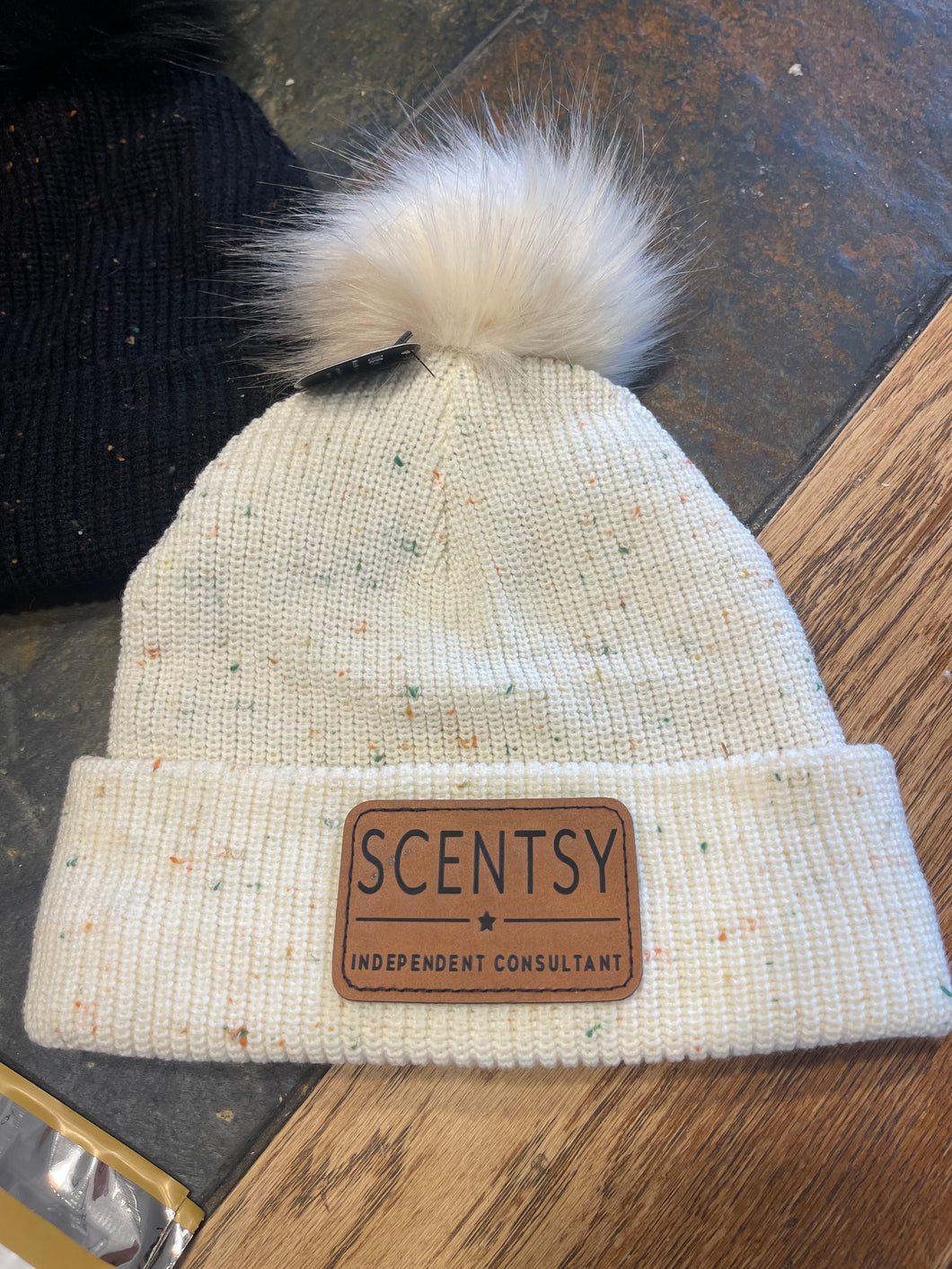 Fleece lined Pom cuffed beanie with leather scentsy patch