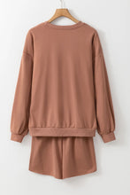 Load image into Gallery viewer, COFFEE Sequin Round Neck Long Sleeve Top and Shorts Set
