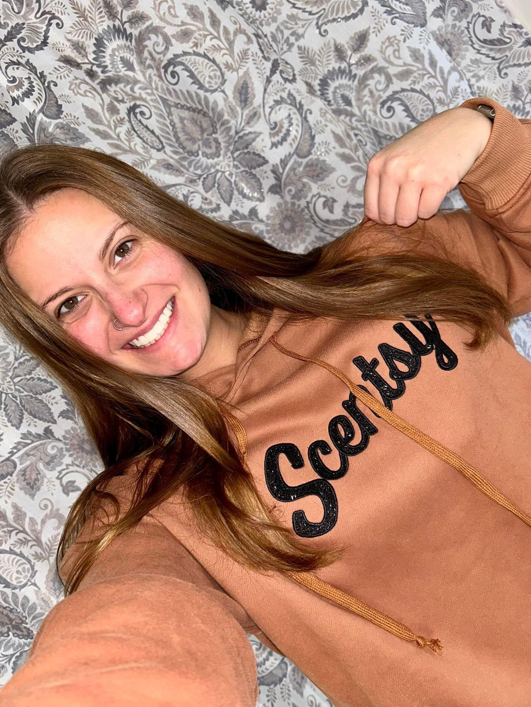 Scentsy glitter applique - Cognac hoodie with side slit