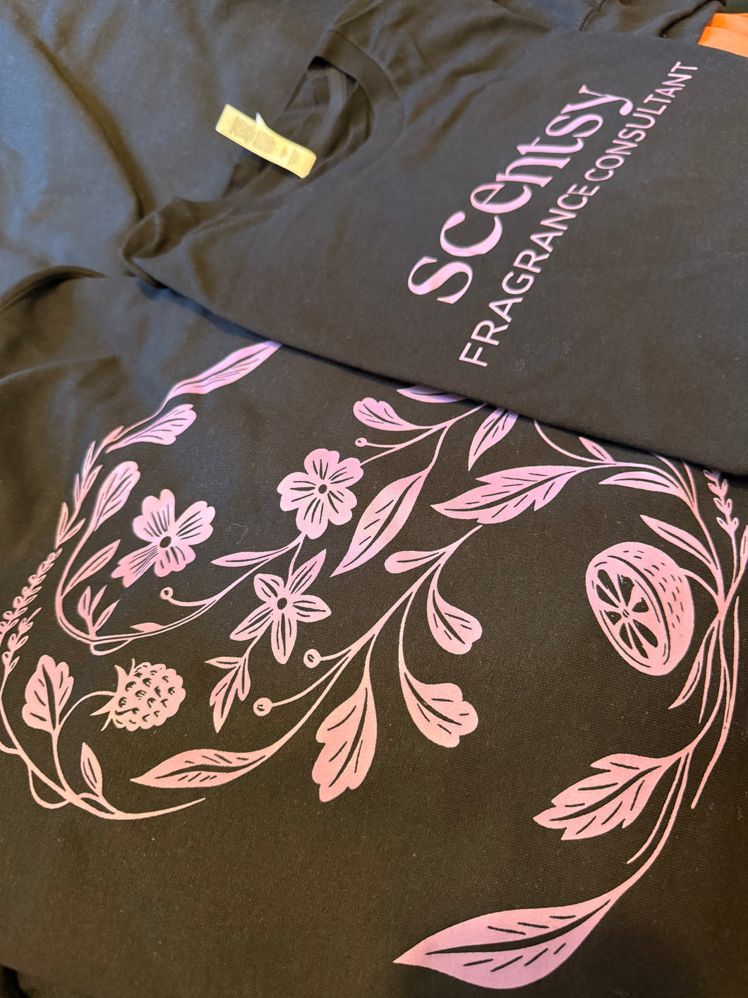Scentsy floral black shirt purple logo