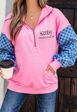 Load image into Gallery viewer, Pink checkered 1/4 zip hoodie
