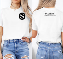 Load image into Gallery viewer, scentsy SOLID S with logo on back left chest tee
