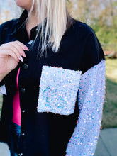 Load image into Gallery viewer, RTS: ARIA denim and Sequin Sleeve Shacket*
