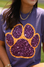 Load image into Gallery viewer, Purple &amp; Gold Faux Glitter Paw Print Tee

