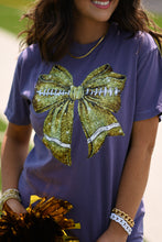 Load image into Gallery viewer, Gold Faux Glitter Football Bow Tee on Purple
