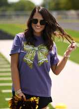 Load image into Gallery viewer, Gold Faux Glitter Football Bow Tee on Purple
