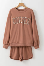 Load image into Gallery viewer, COFFEE Sequin Round Neck Long Sleeve Top and Shorts Set

