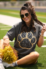 Load image into Gallery viewer, Black &amp; Gold Faux Glitter Paw Print Tee
