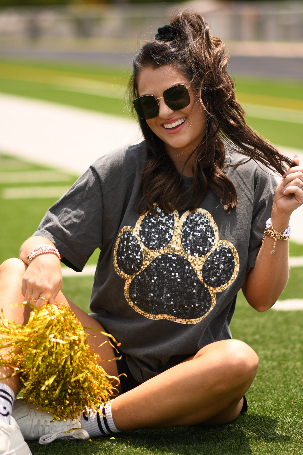 Black & Gold Faux Glitter Paw Print Tee