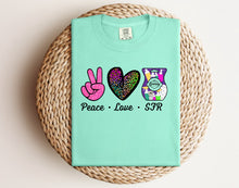 Load image into Gallery viewer, Peace love SFR- bleached and solid tee
