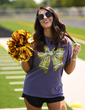 Load image into Gallery viewer, Gold Faux Glitter Football Bow Tee on Purple
