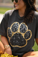 Load image into Gallery viewer, Black &amp; Gold Faux Glitter Paw Print Tee
