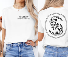 Load image into Gallery viewer, framed floral S on back with  logo left chest
