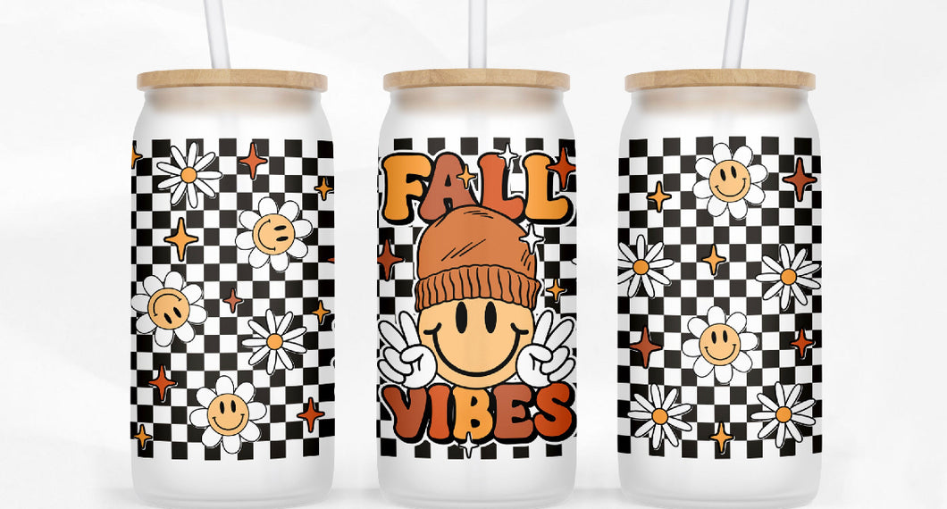 Fall vibes checkered 16oz glass