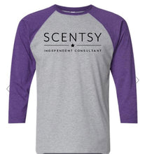 Load image into Gallery viewer, Scentsy baseball tee dark gray and purple
