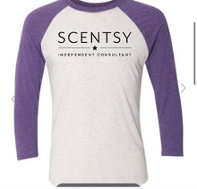 Load image into Gallery viewer, Scentsy baseball tee light gray and purple
