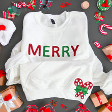 Load image into Gallery viewer, Merry bold chain stitch with front candy cane bow
