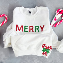Load image into Gallery viewer, Merry bold chain stitch with front candy cane bow
